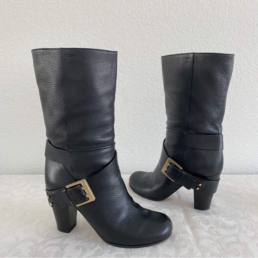 Chloe Black Leather Boots with Buckle Detail